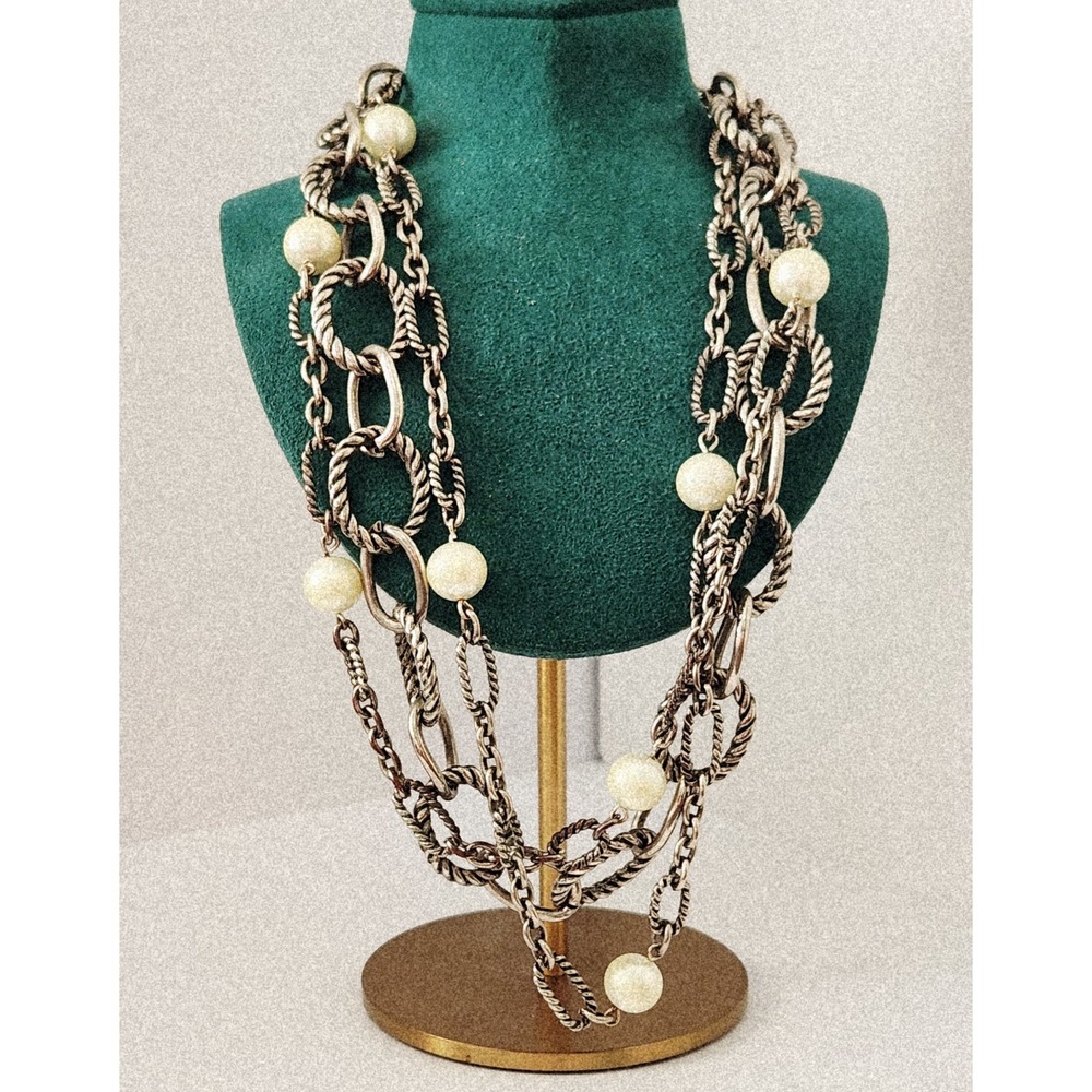 Silver Tone Multi Strand Chunky‎ Chain Faux Pearl Statement Toggle Necklace